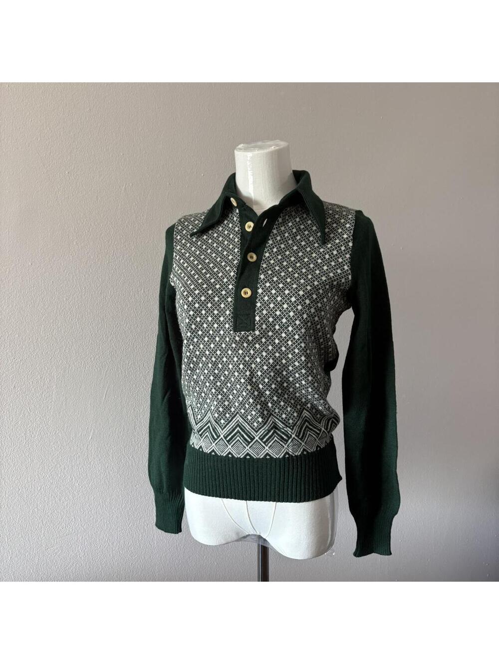 1970s Club Moda Nordic Fair Isle Birdseye Henley Sweater Green Cream S/M